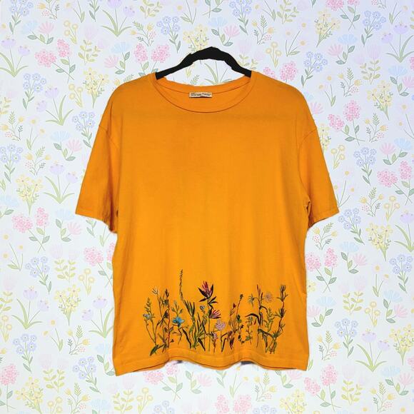 Zara, M | Yellow Oversized Boho T-Shirt With Embroidered Floral Edge - Picture 1 of 6